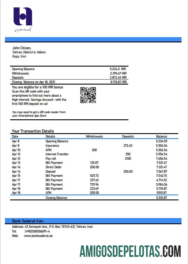 Exemplo de declaração da Série A do Banco do Irã